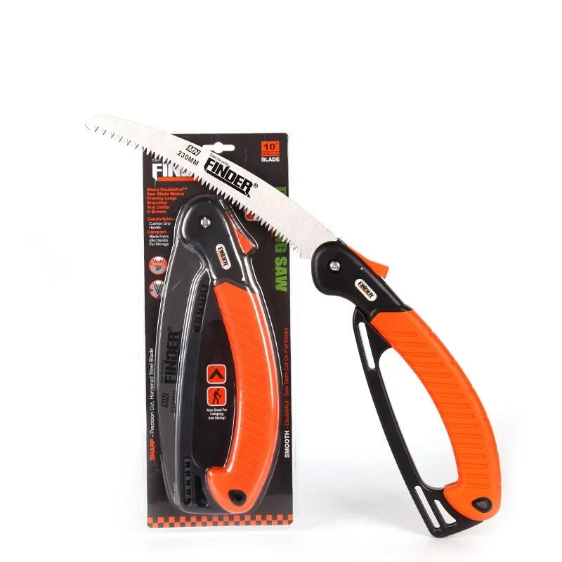 Garden folding hand saw with 9 inch blade, TPR handle, shown in open cutting position