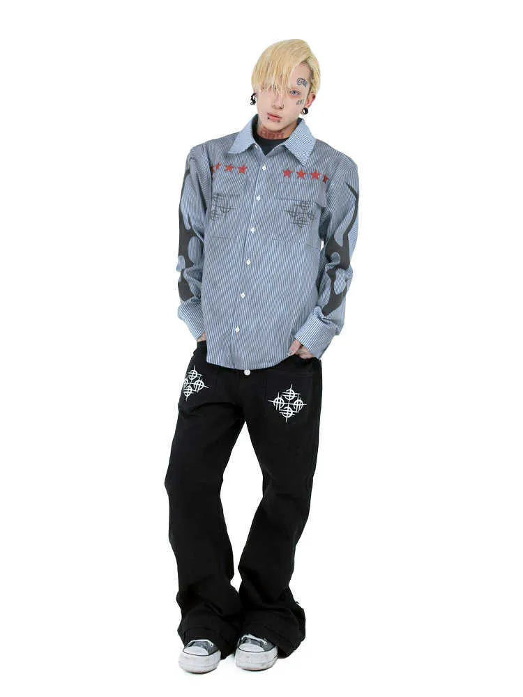Men's washed-out blue striped cotton shirt with lapel collar and long sleeves