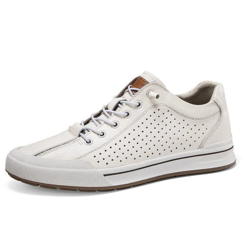Men's white and black matte leather casual shoes with flat heel and round toe, showing hollow-out, standard, and fleece-lined versions.