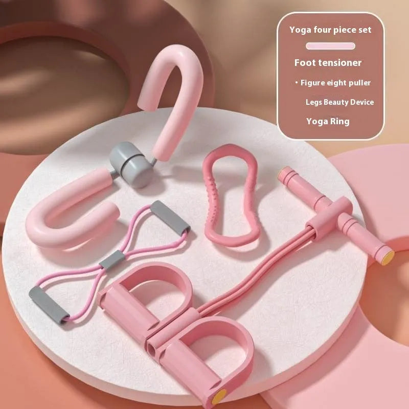 Yoga four piece set showing leg beauty device, yoga ring, pedal tension device, and figure-eight tension rope for home fitness.