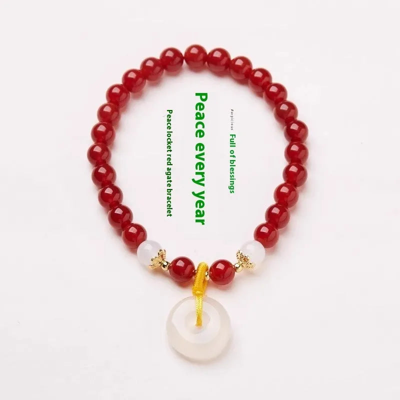 Handmade Chinese style safety buckle bracelet with natural jinsi jade and red agate 6mm peace clasp beads