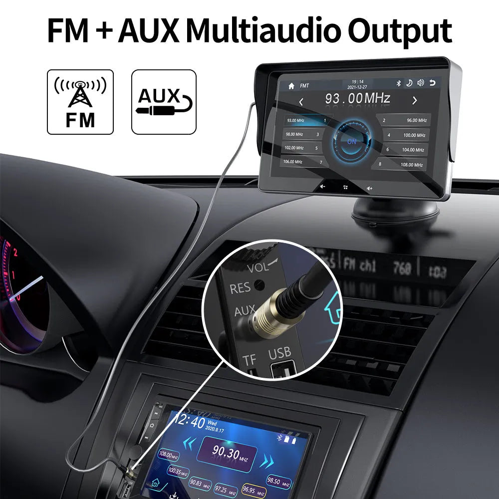 7 inch wireless CarPlay car display with suction cup mount and cigarette lighter power cable