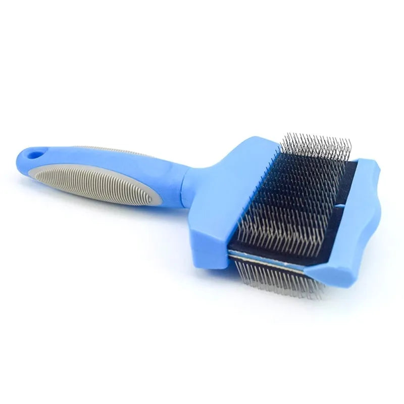 Blue double-sided pet brush with stainless steel pins and ergonomic handle for dog and cat grooming