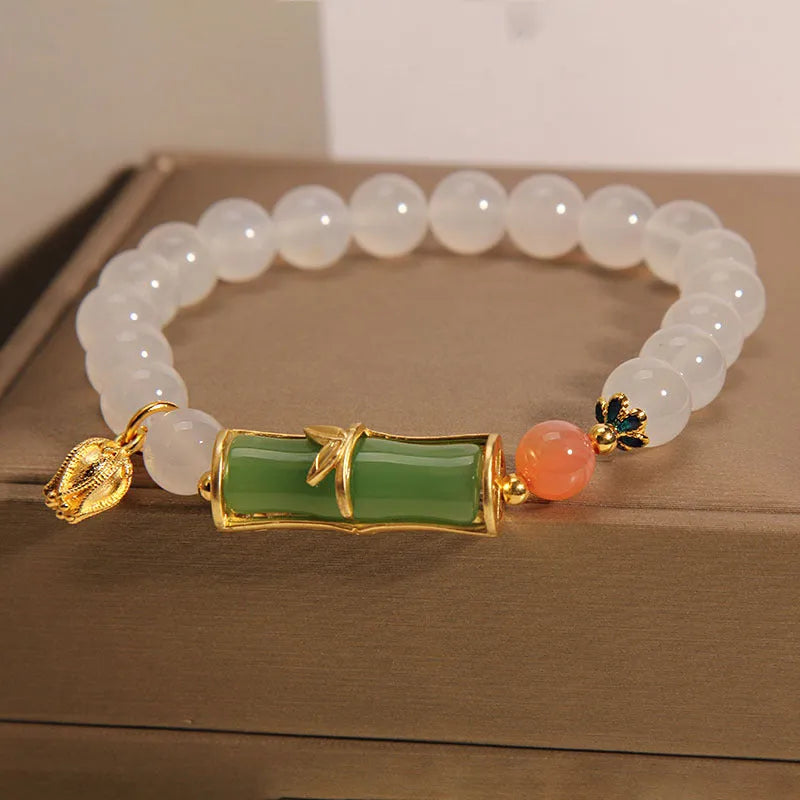 White agate and jade Chinese style bamboo beaded bracelet for women with retro luxury design