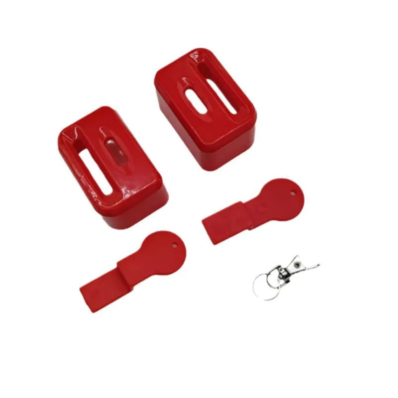 Black and red ABS plastic seat belt buckle lock holder protective device.