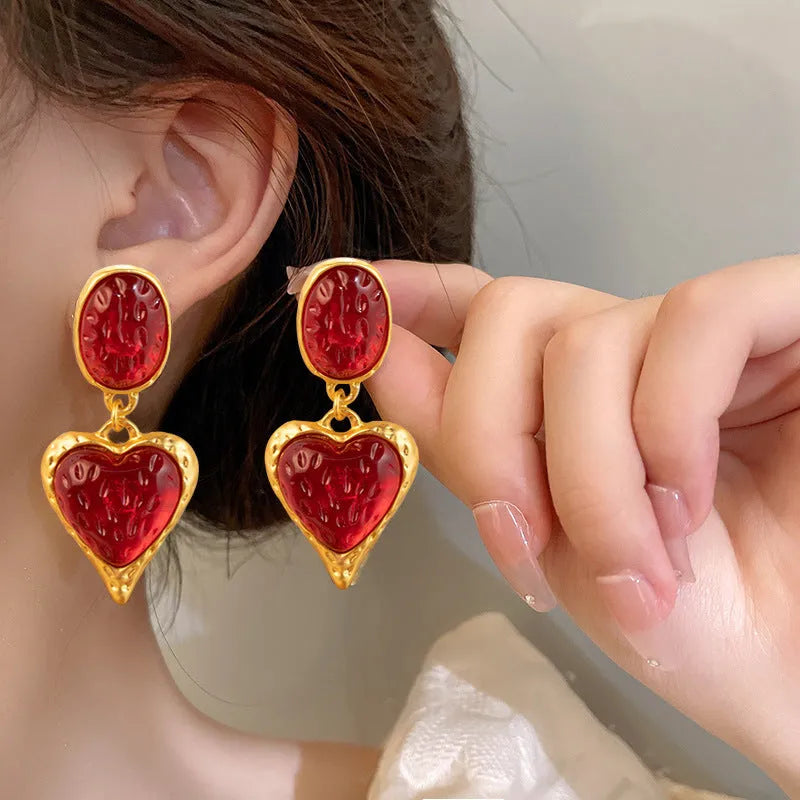 Silver needle pleated oval love heart stud earrings in purple, red, green, and yellow white colours.