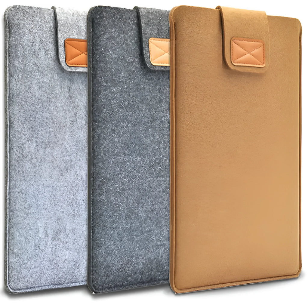 Clamshell laptop bag in khaki with woven plush exterior, shown open to reveal tablet felt liner and corner protector