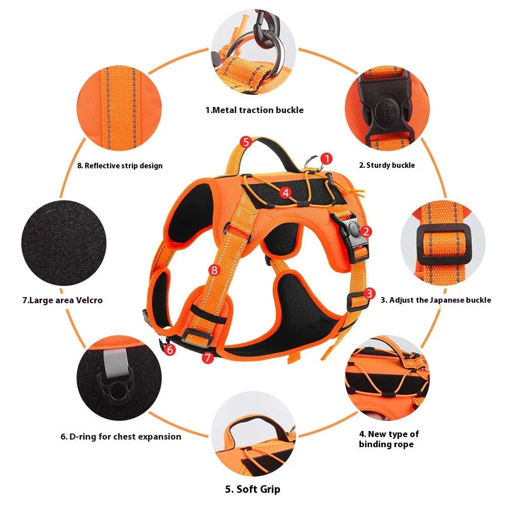 Reflective dog harness with hand holding rope and explosion-proof breast strap in various colours