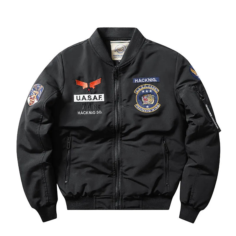 Men's slim-fit black retro stand collar cotton-padded Harley-style coat with patch pockets.