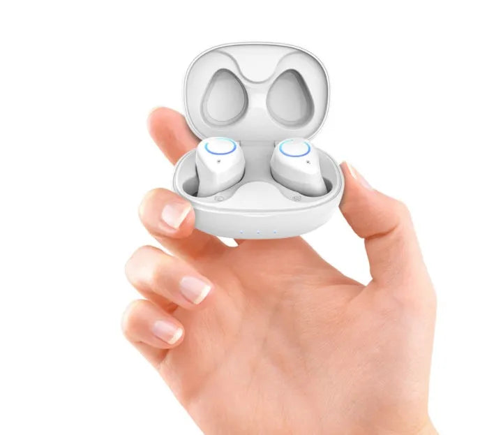 Black and white M18 true wireless in-ear headphones with compact rectangular charging case.