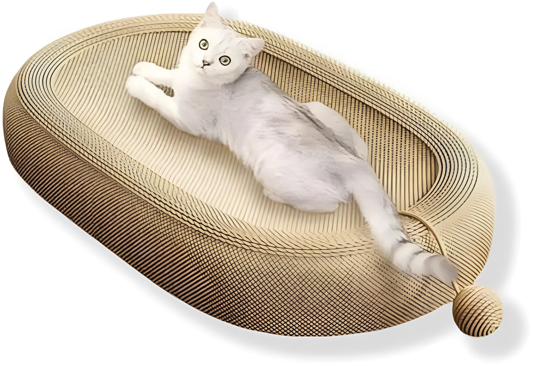Large natural sisal cat scratching board with raised lounging platform for cats.
