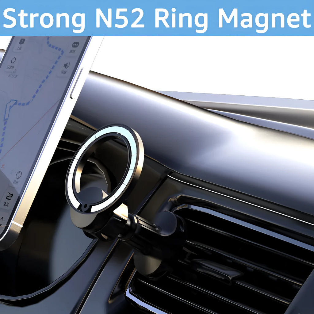 Black magnetic car air vent phone holder with O-ring design for smartphones up to 6.8 inches