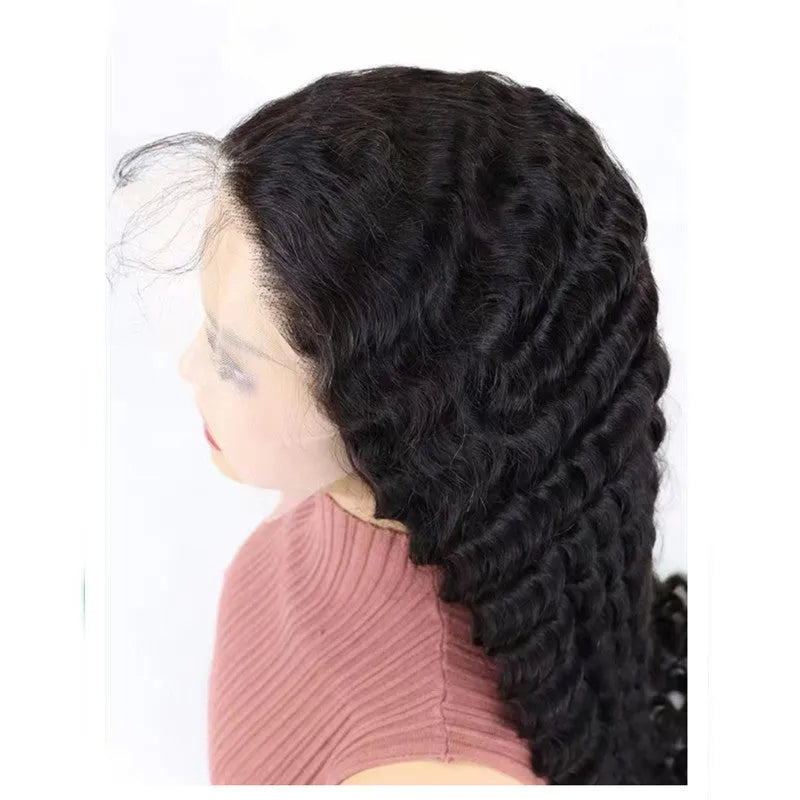 Solid colour human hair wig with half lace front, shown in a long length.