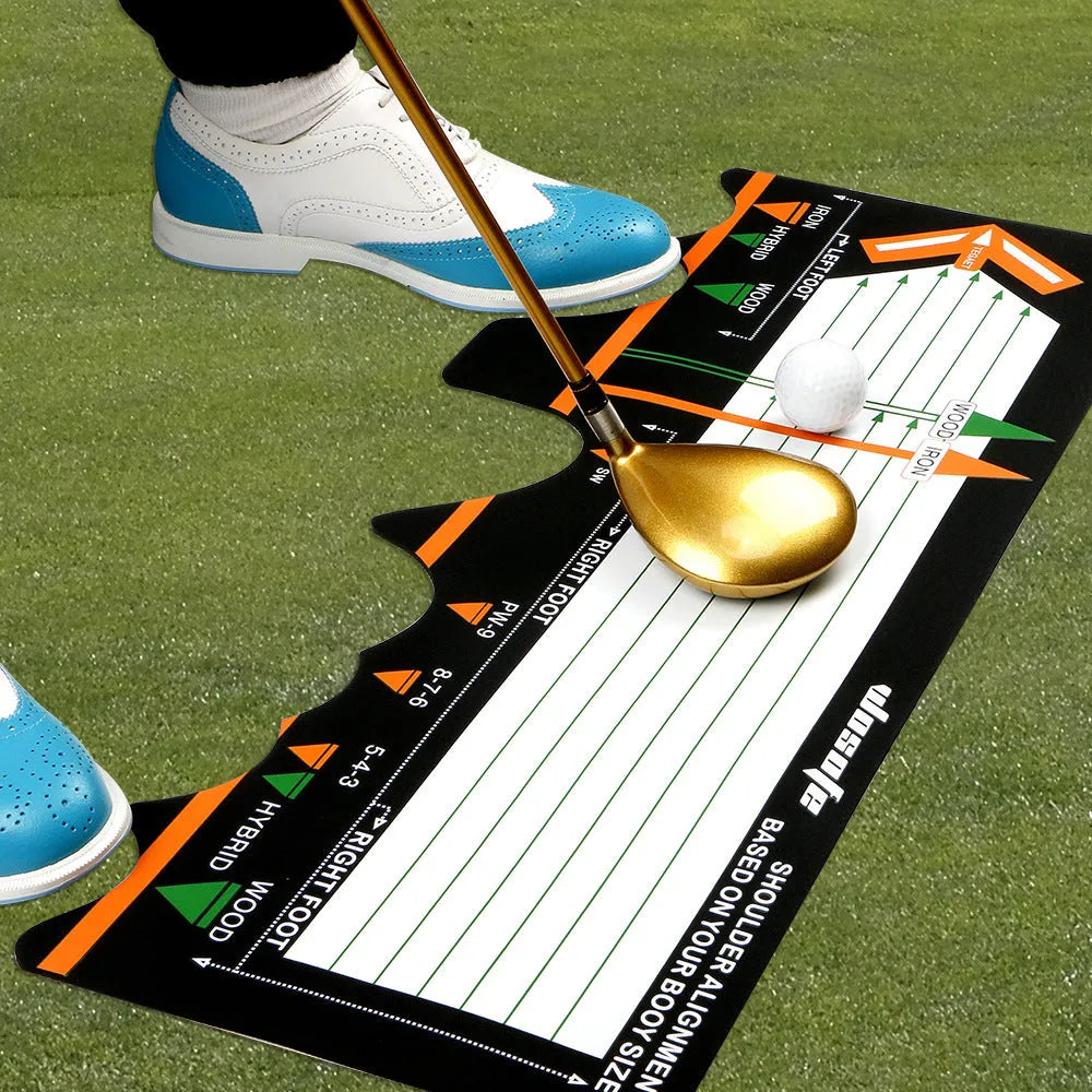 Black neoprene golf swing posture correction pad with directional alignment indicators