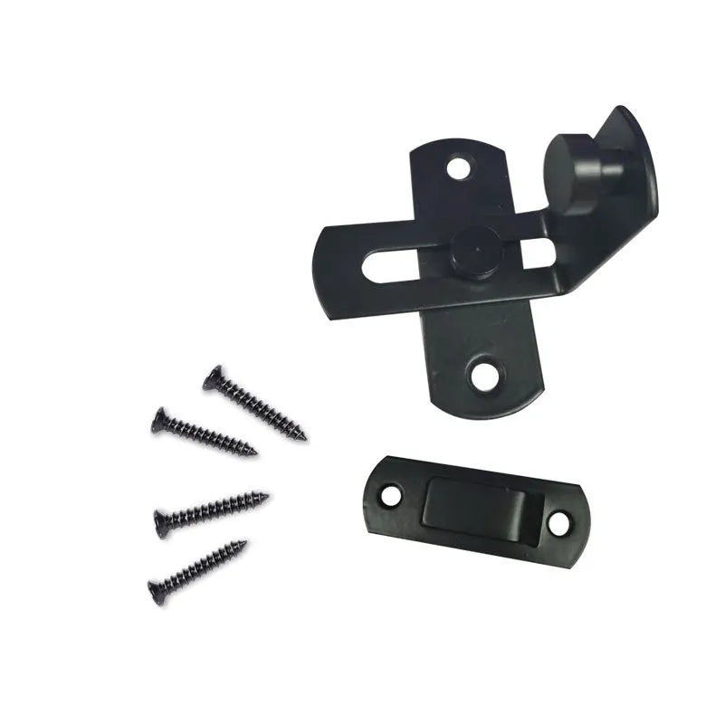 Black carbon steel warehouse hook lock with a 90-degree flat shackle for sliding barn doors.