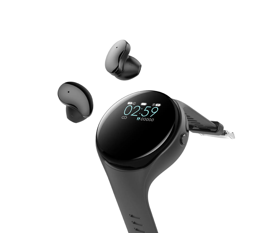 Black detachable smart sports bracelet with TWS Bluetooth earphones for fitness tracking and calls.