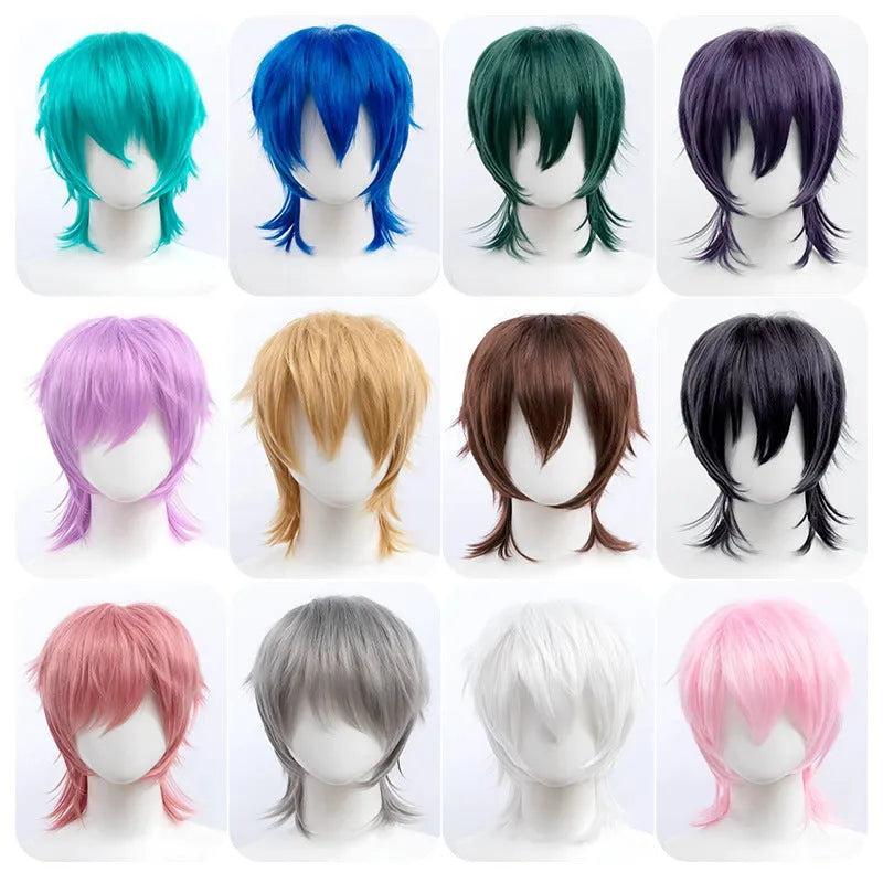 Short cosplay wig with Anime styling and lengthened tail design in high-temperature fibre