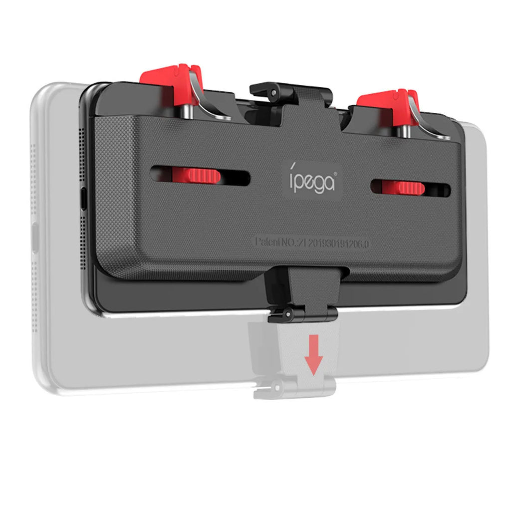 Black PG-9137 mobile phone gaming bracket showing the hidden trigger on the back and telescopic fixing clip.