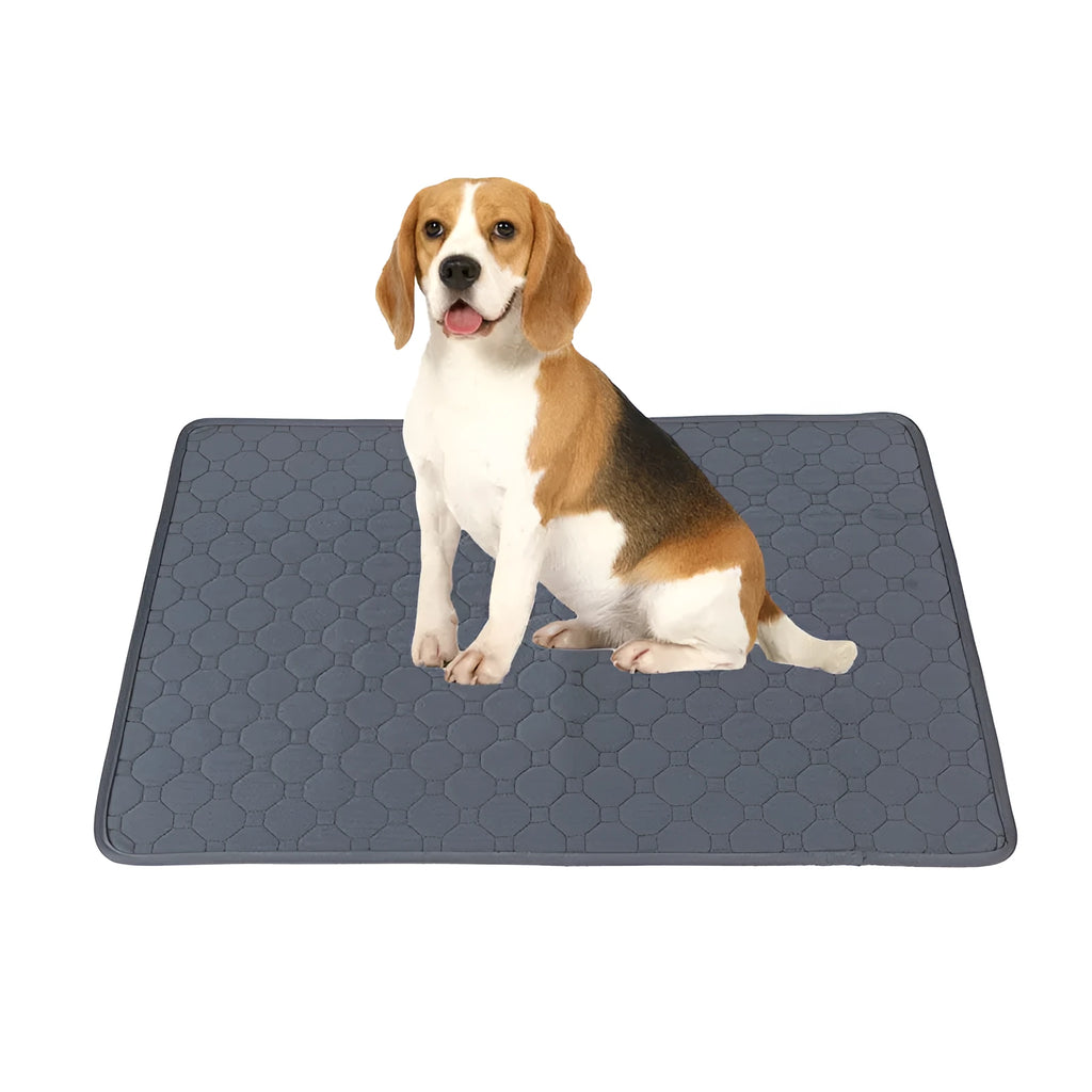 Two neutral coloured washable dog pee pads showing grey and tan options in different sizes