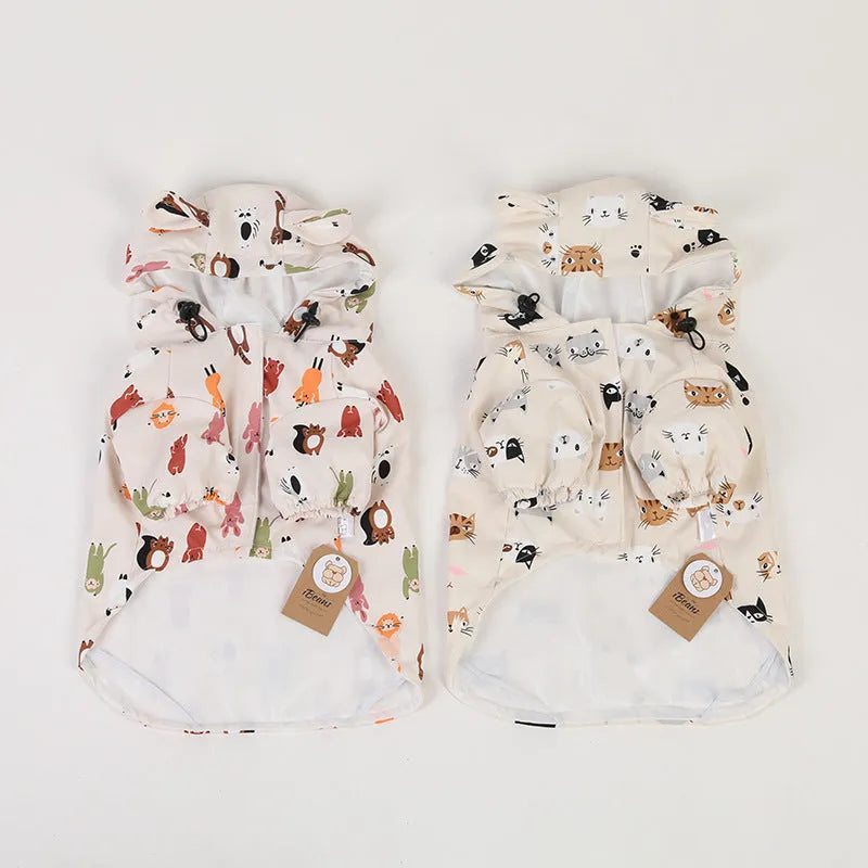 Beige cartoon dog raincoat with animal design and waterproof PU coating
