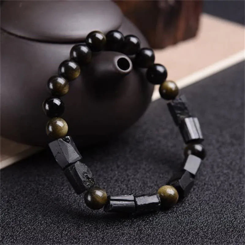 Natural obsidian single ring bracelet with constellation modelling in retro style