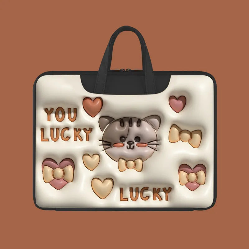 Inflatable PU leather laptop bag with carry strap, shown in a cute panda design.