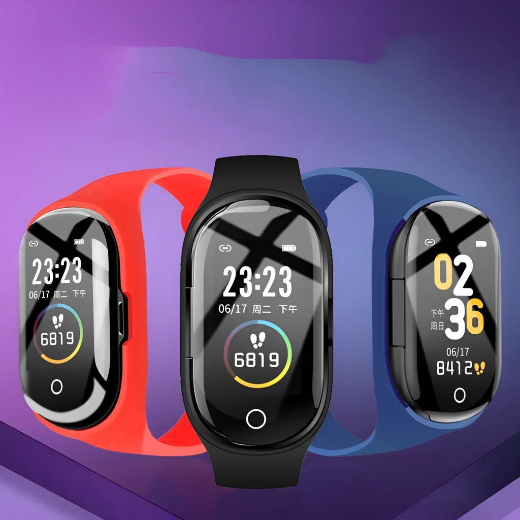 Smart bracelet with integrated wireless earphones on a silicone wristband in black, blue or red.