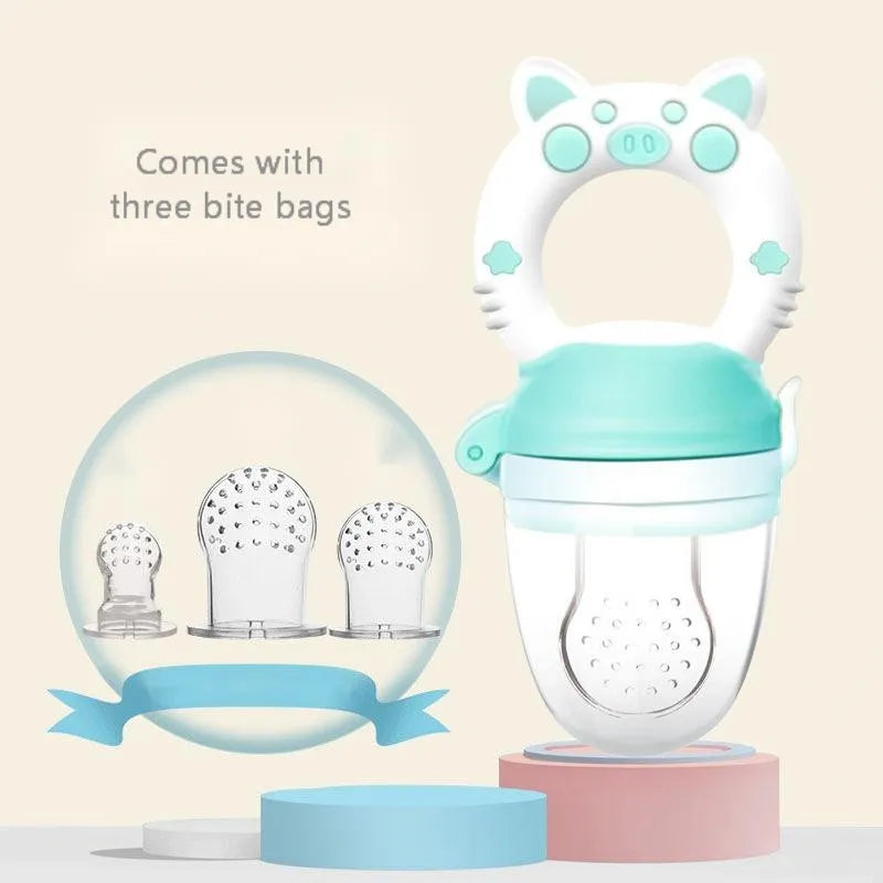 A BPA-free silicone baby teether in blue, showing a single mouthpiece design for infant chewing.
