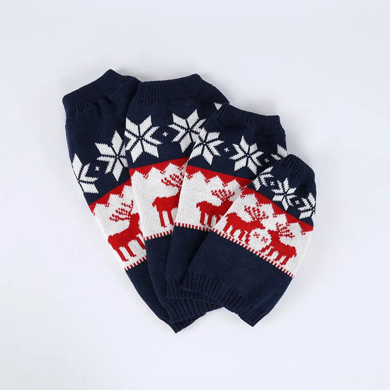 Navy blue Christmas dog sweater with knitted acrylic construction showing festive patterns