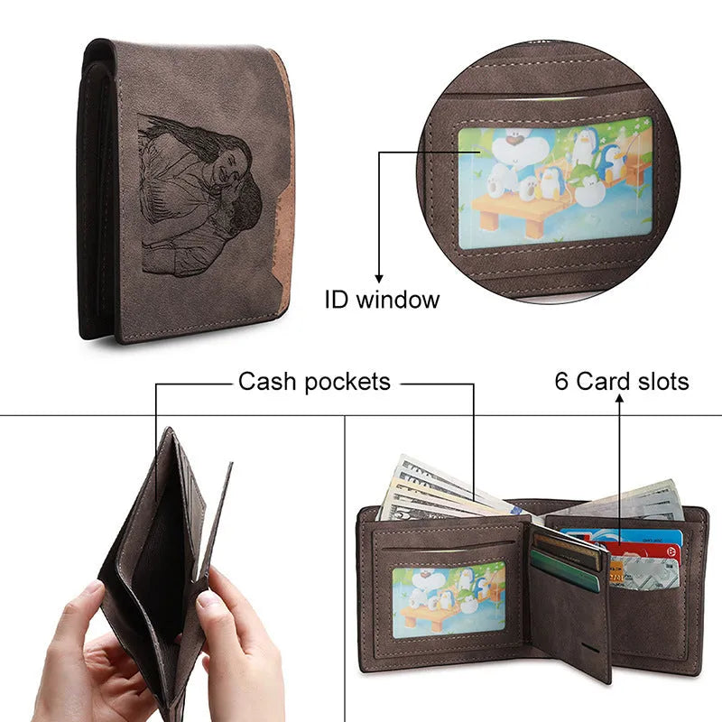 Coffee coloured engraved horizontal PU leather wallet showing seven card slots.