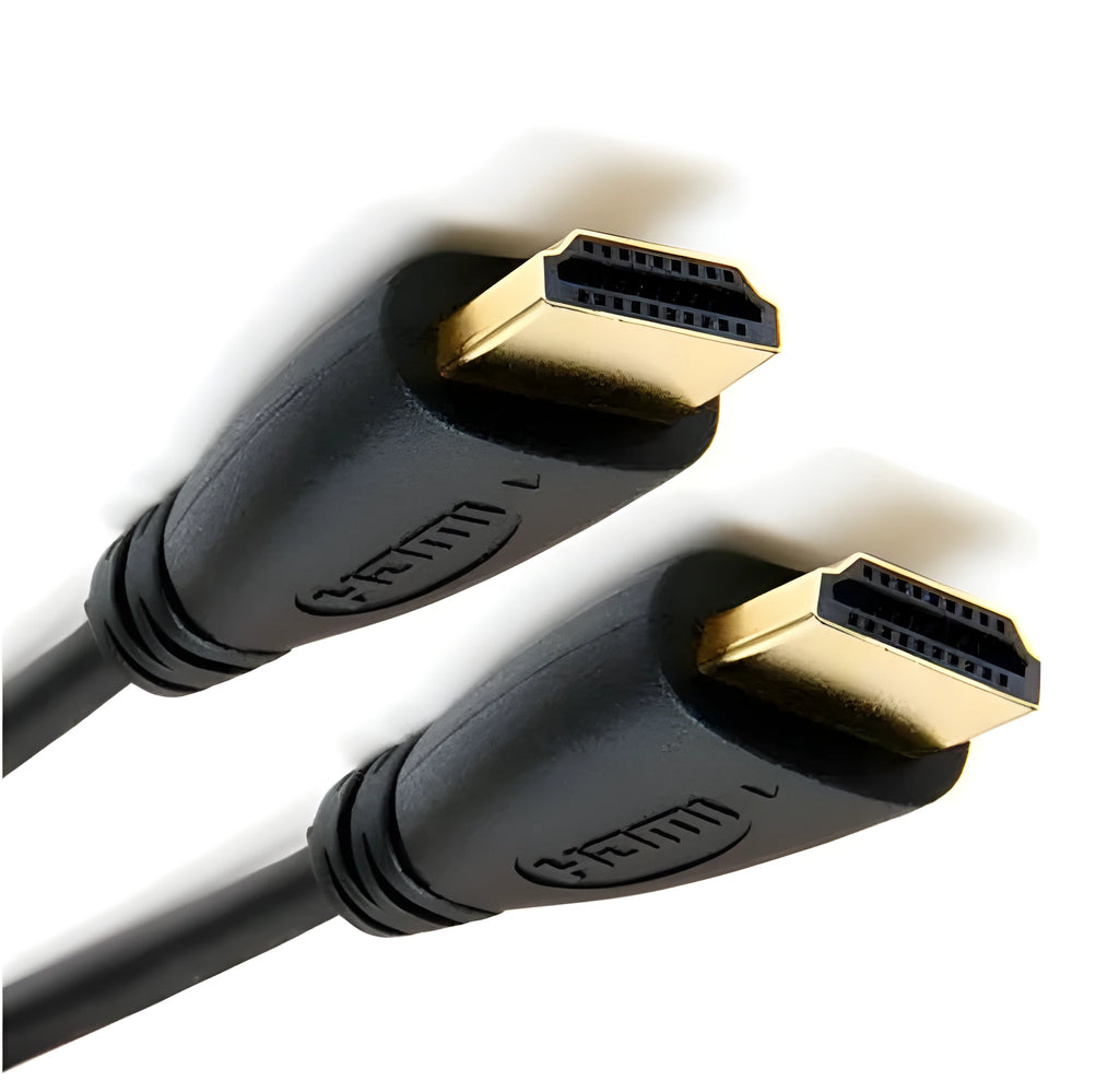 Gold-plated male HDMI cable on a white background, available in lengths from 0.3 to 5 metres.
