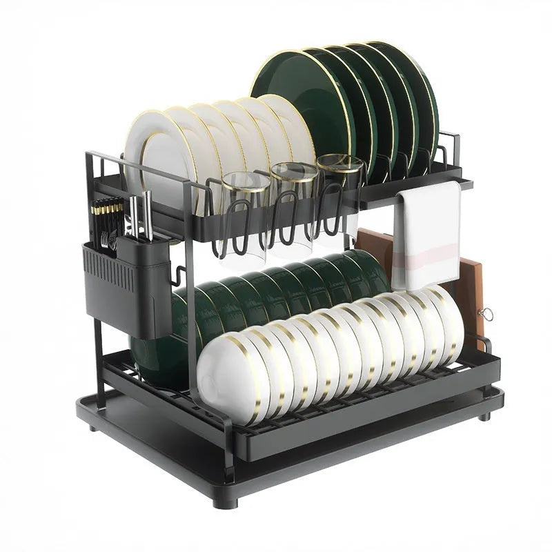 White double-layer kitchen storage rack with removable top shelf for draining utensils