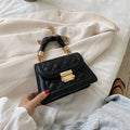 Women's purple PU fabric small square shoulder bag with 112cm strap showing rhombus shape and compact dimensions