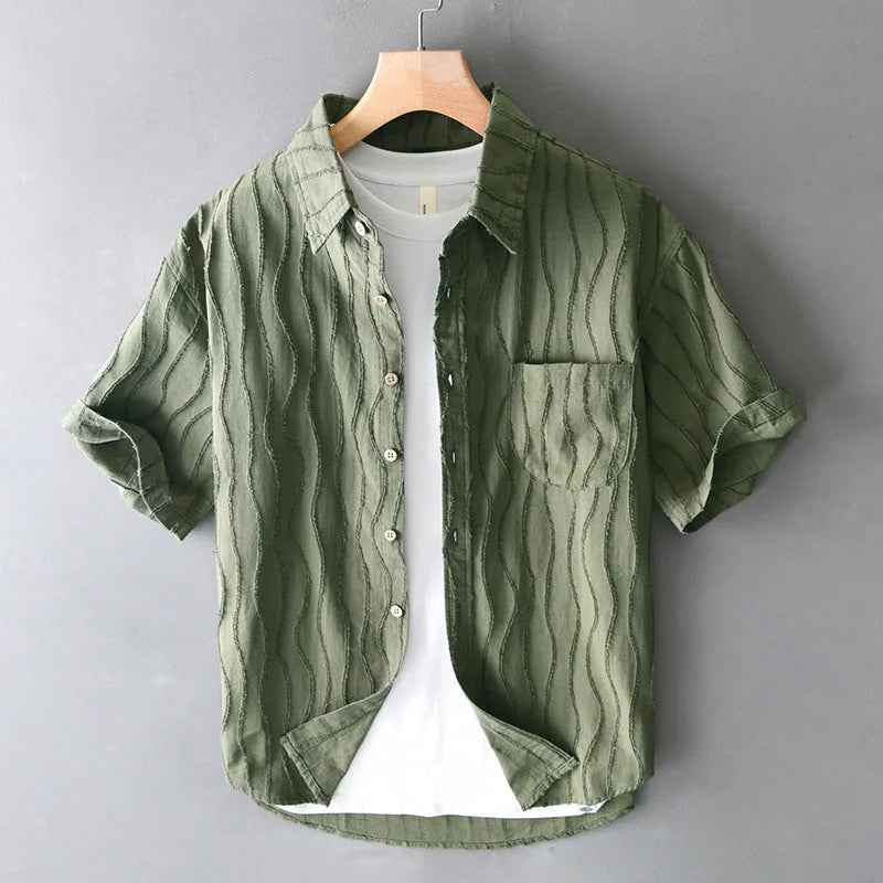 Men's apricot pure cotton casual shirt with short sleeves and loose Japanese style