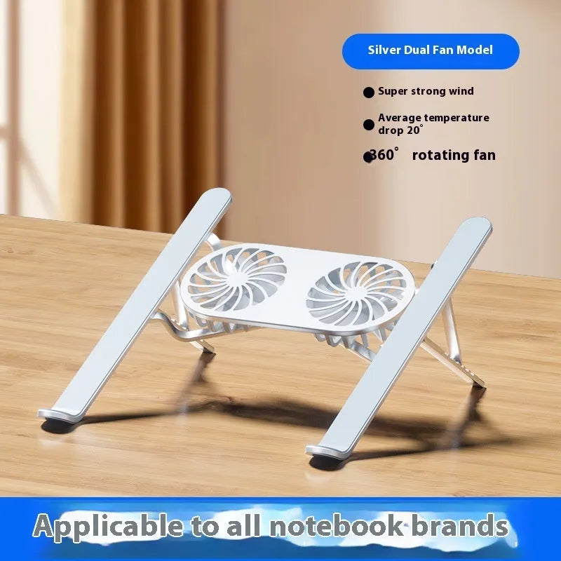 Silver aluminium alloy portable laptop cooling stand with twin fans and adjustable height in folded position