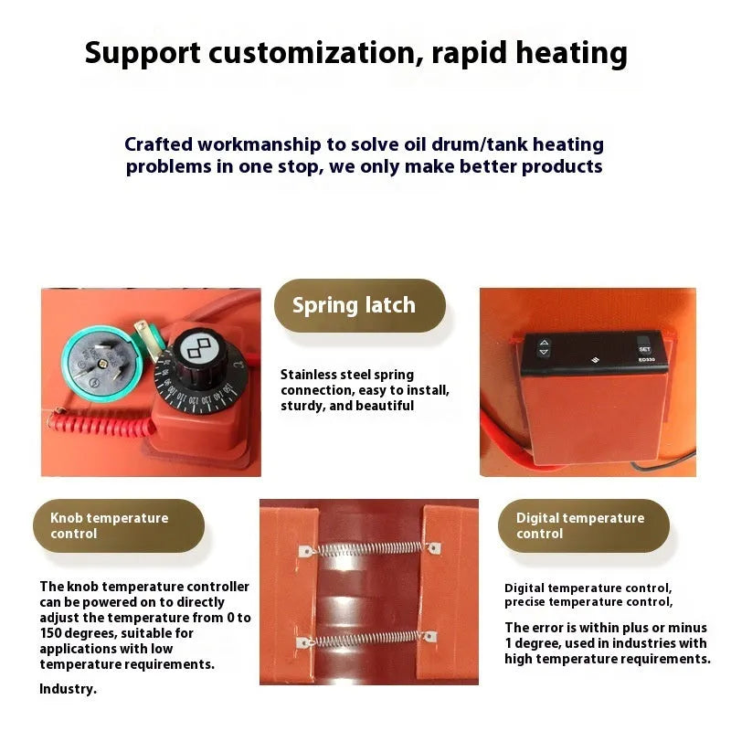 Silicone heating belt wrapped around a 200-litre oil drum with digital display controller and US plug.