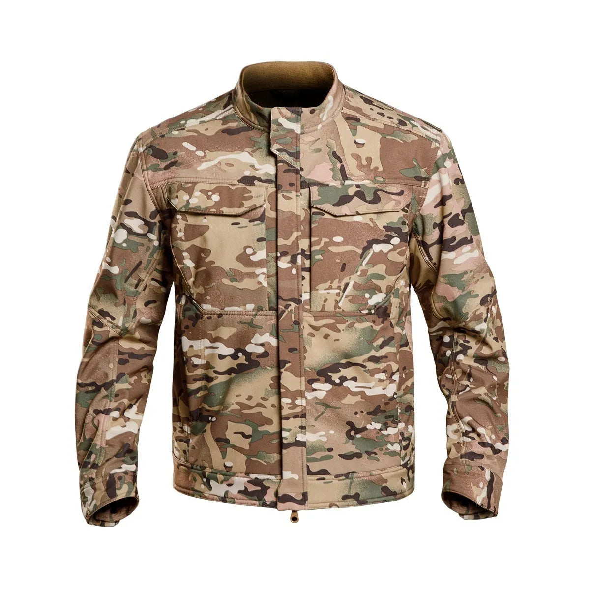 Soft shell tactical jacket for mountaineering and camping in black camouflage colour