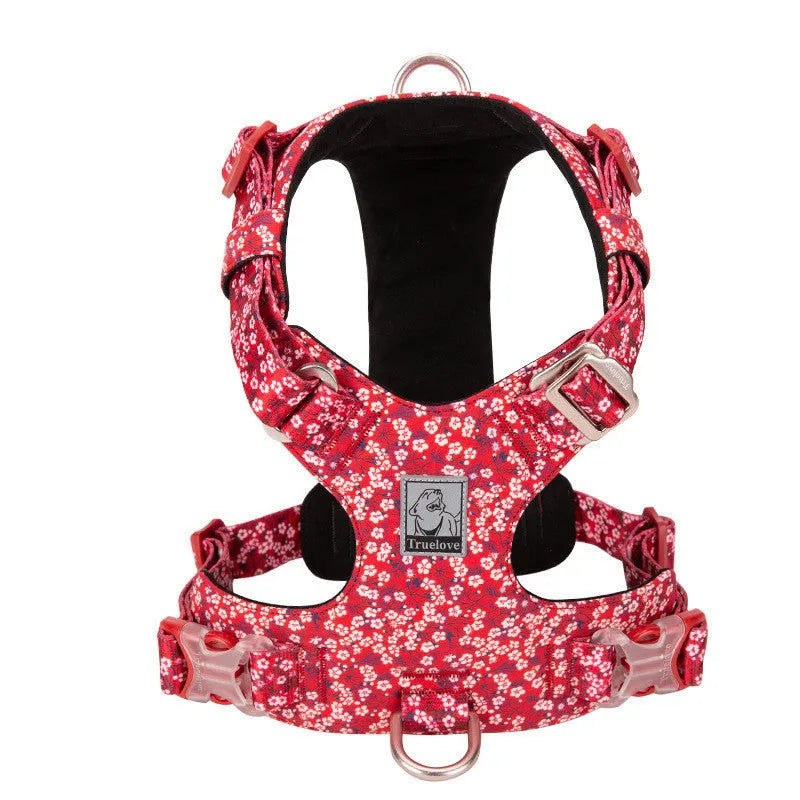 Floral print pure cotton dog harness and lead set with chest strap, shown in red.