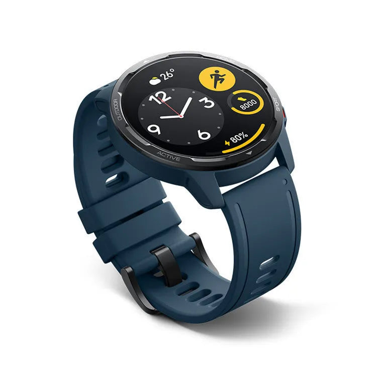 Smart watch with black silicone strap and round 1.43-inch screen showing fitness metrics.