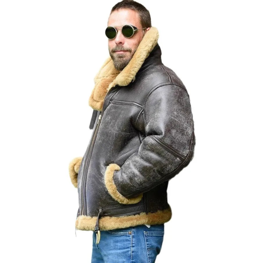 Brown retro-style synthetic leather fur coat for men with side pockets on a model.