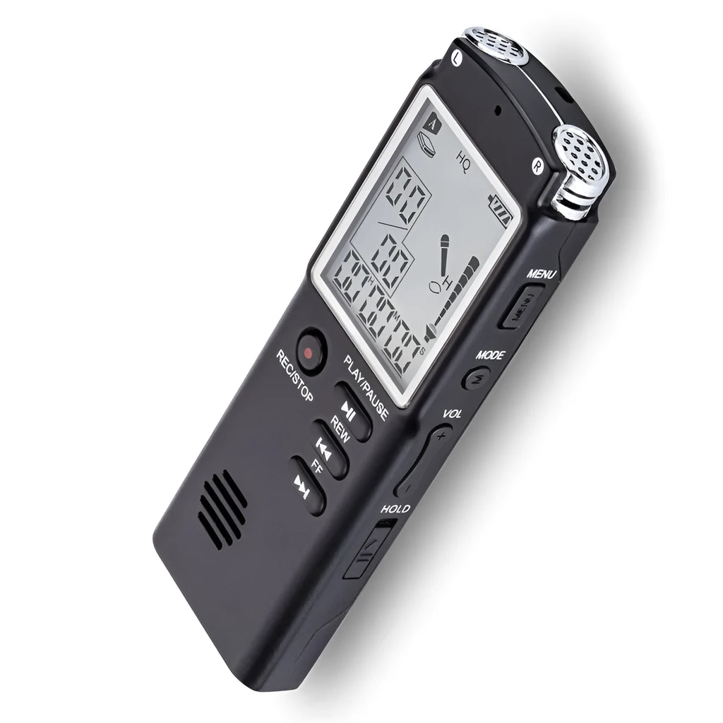 Black USB digital voice recorder for telephone and microphone recording, showing compact size