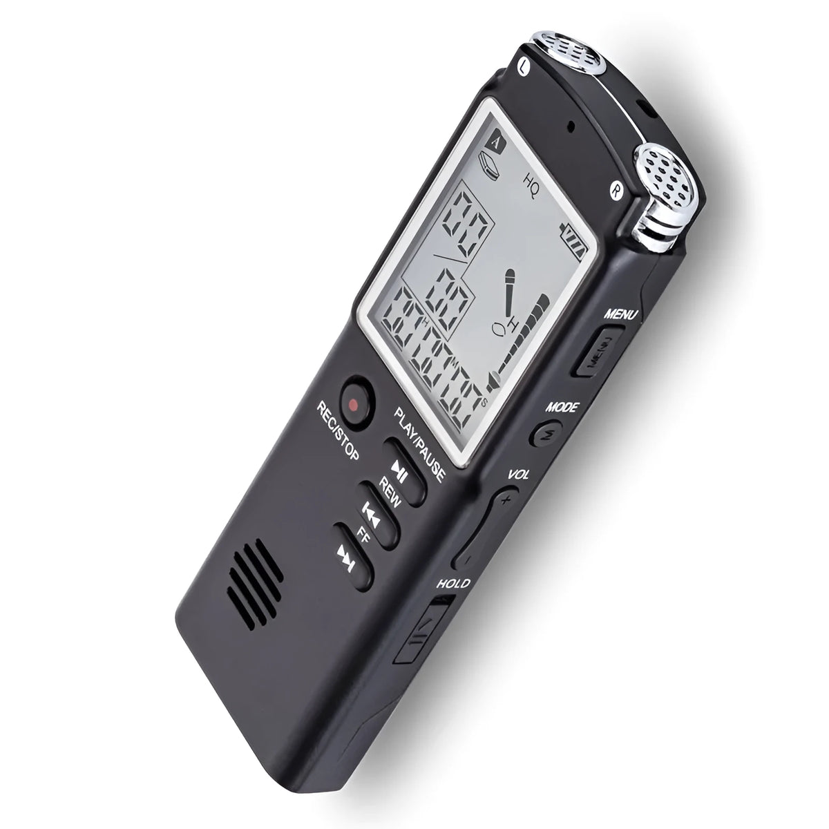 Black USB digital voice recorder for telephone and microphone recording, showing compact size