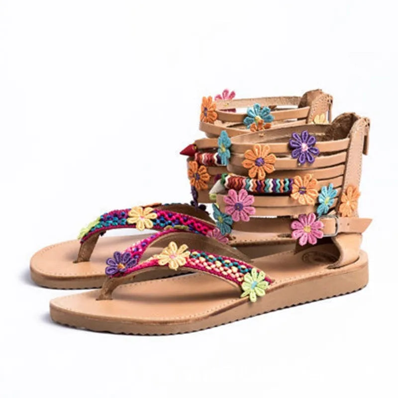 Ethnic beaded petal Roman sandals with artificial PU upper and floral decoration