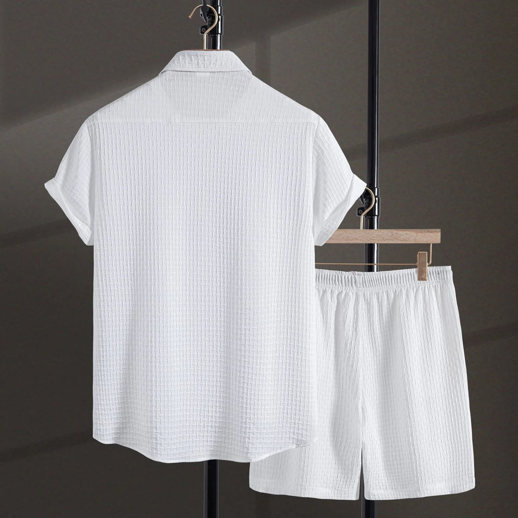 Men's white cotton blend short sleeve shirt and matching shorts beach suit casual summer outfit