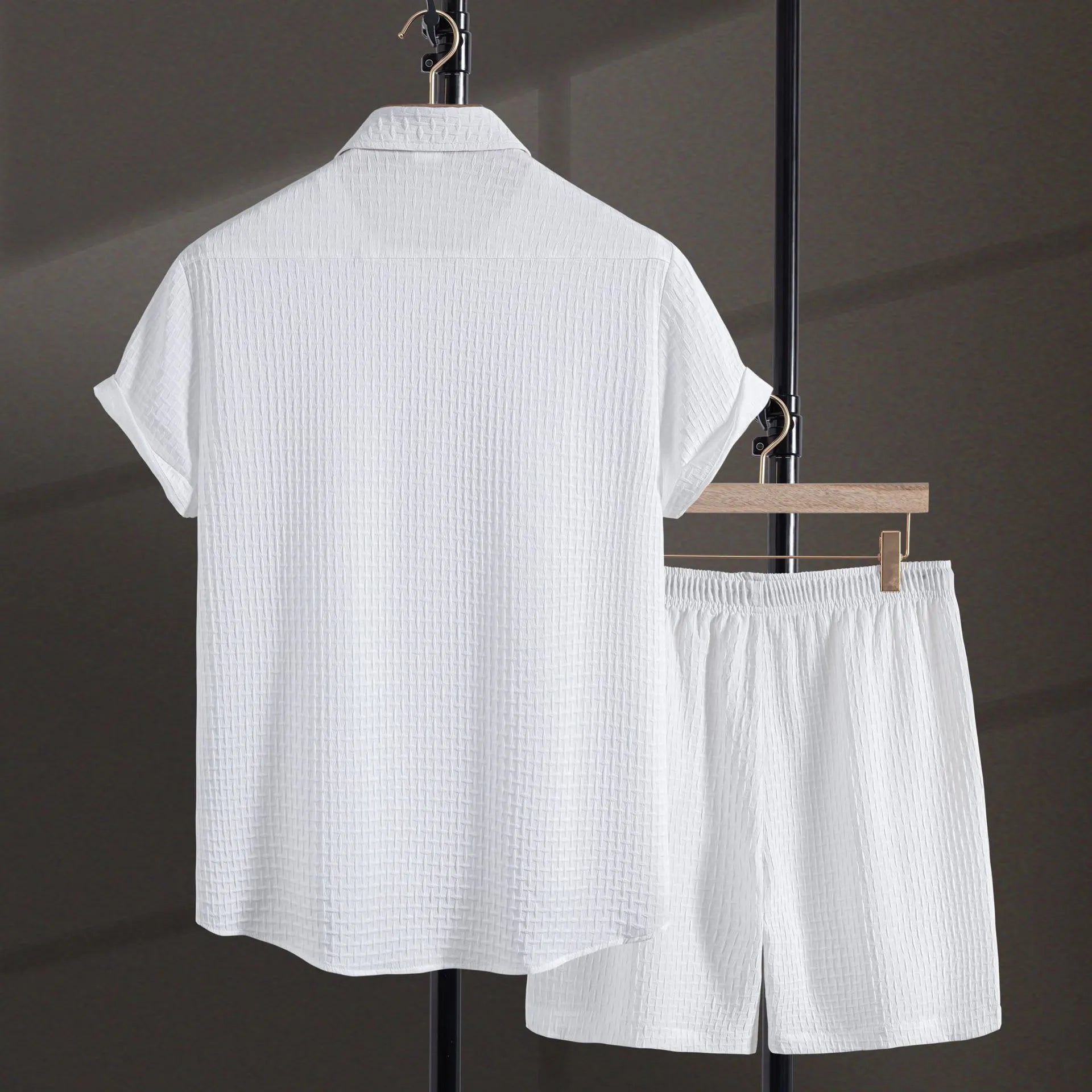 Men's white cotton blend short sleeve shirt and matching shorts beach suit casual summer outfit