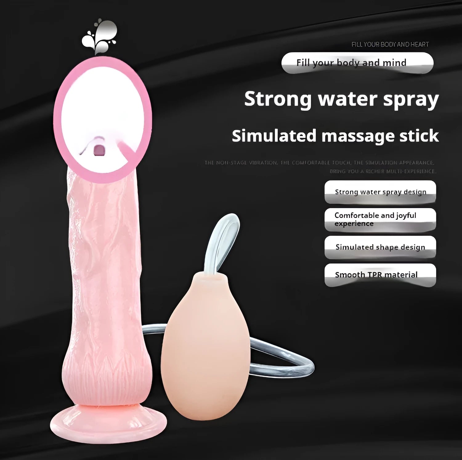 Flesh-coloured TPR and ABS suction cup dildo sex toy, 200mm long.