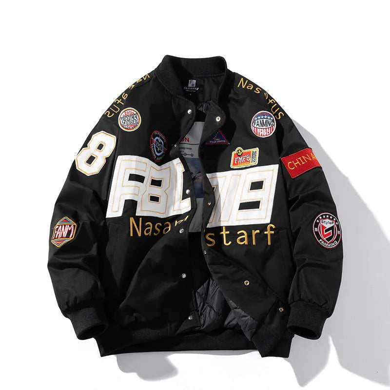 American motorcycle baseball uniform jacket in loose fit with detachable hood option