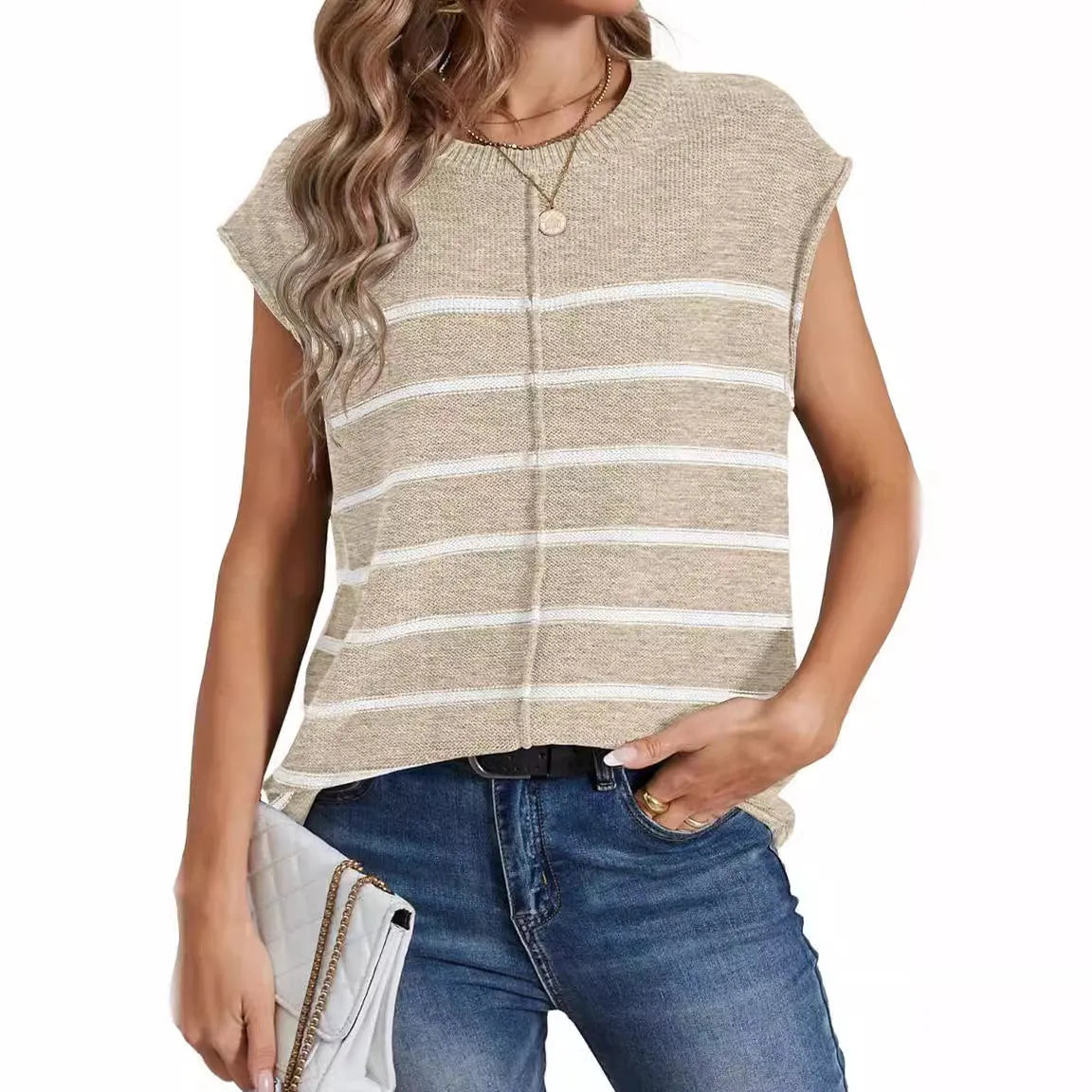Women's striped sleeveless vest pullover in acrylic fabric with bone stitching detail
