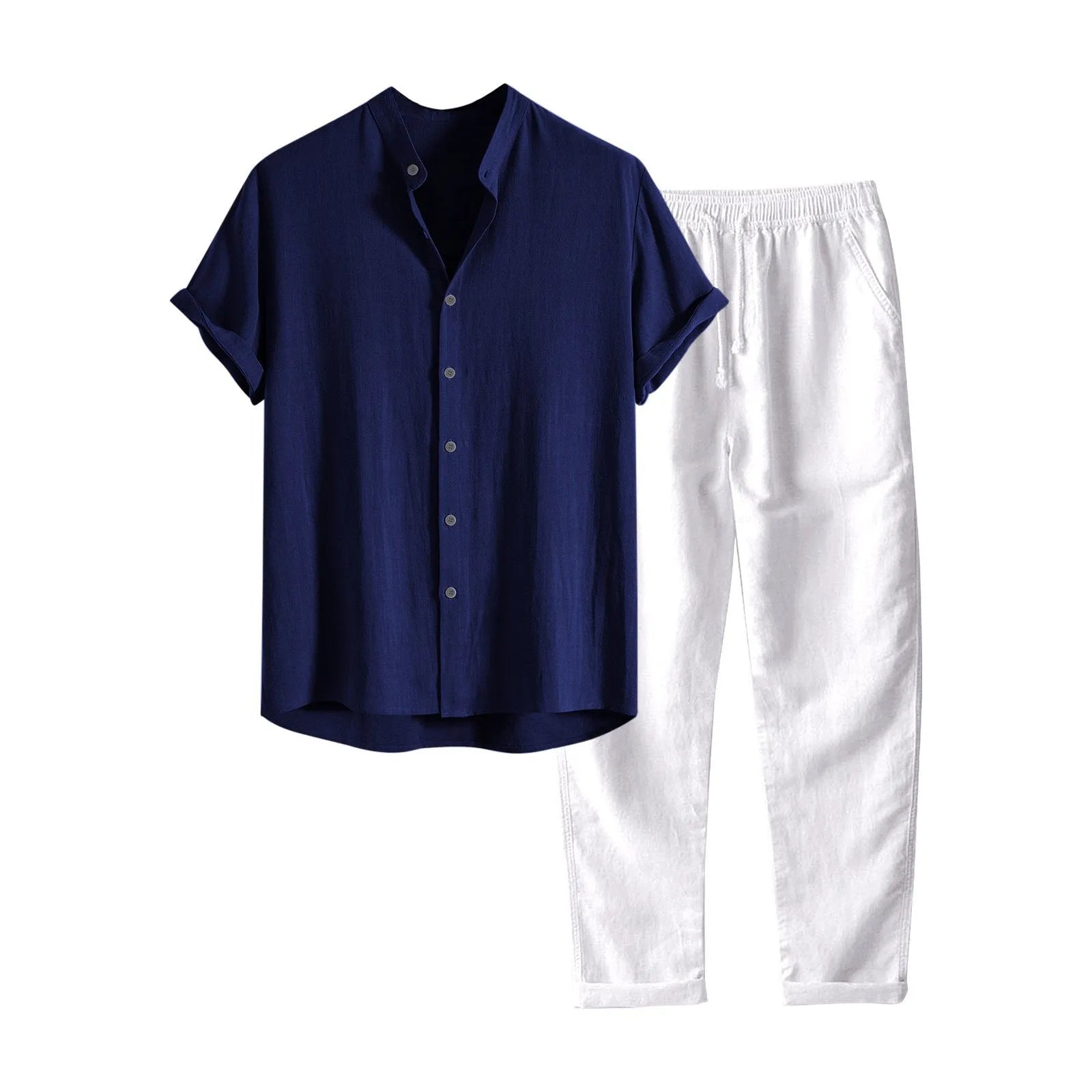 Man wearing a loose-fit short-sleeve shirt and trousers from a casual linen-blend suit set.