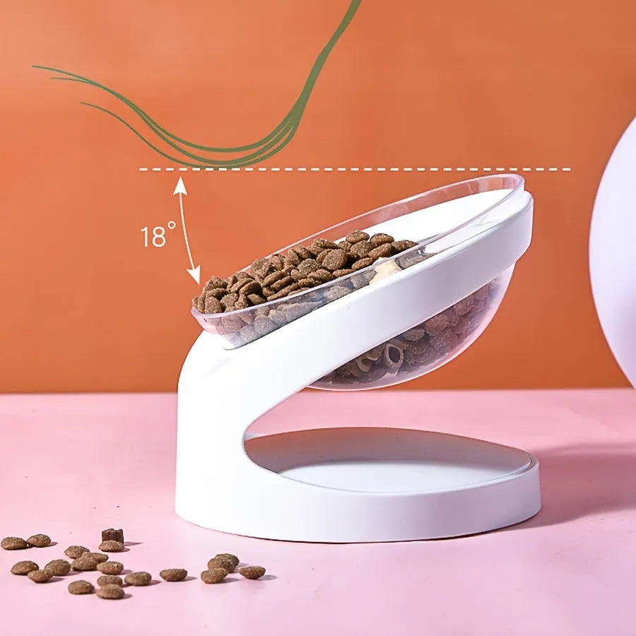 Clear plastic tilted cat food bowl for ergonomic feeding and neck protection